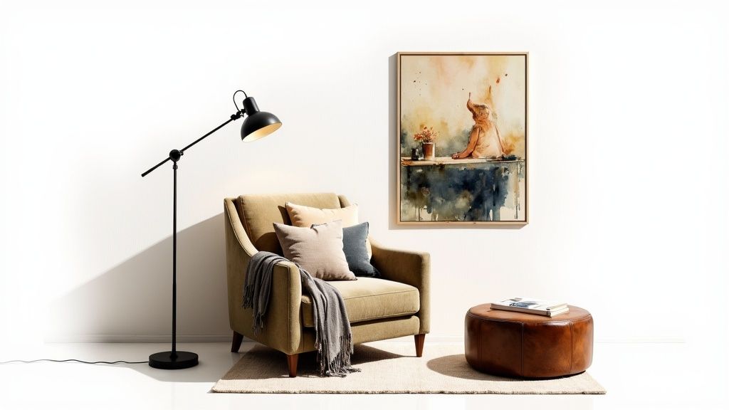 A living room styled with contemporary furniture, showing a neutral palette and a sculptural armchair.