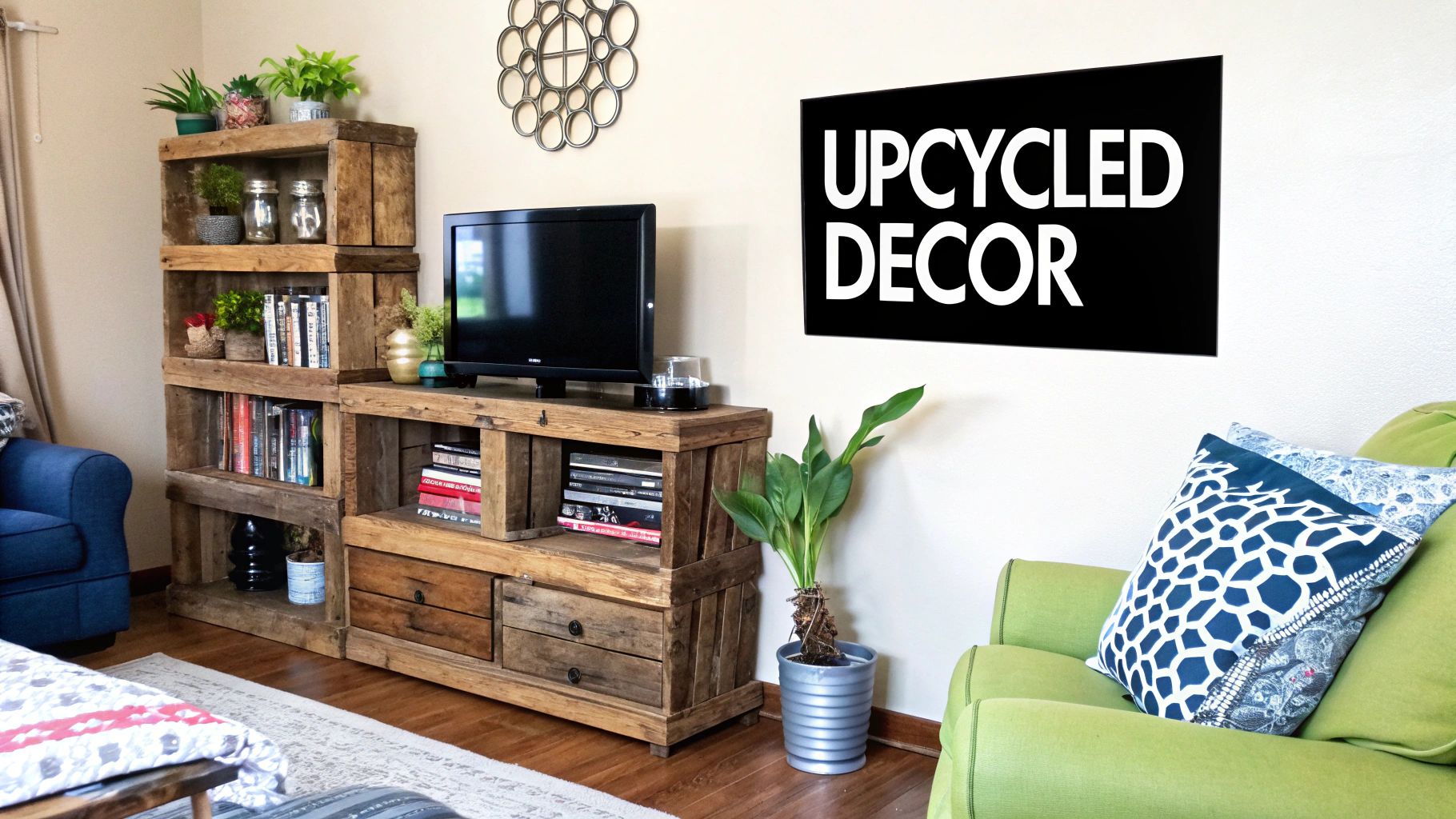 A beautifully arranged living room with unique decor elements on shelves and tables, showcasing a curated, personal style.
