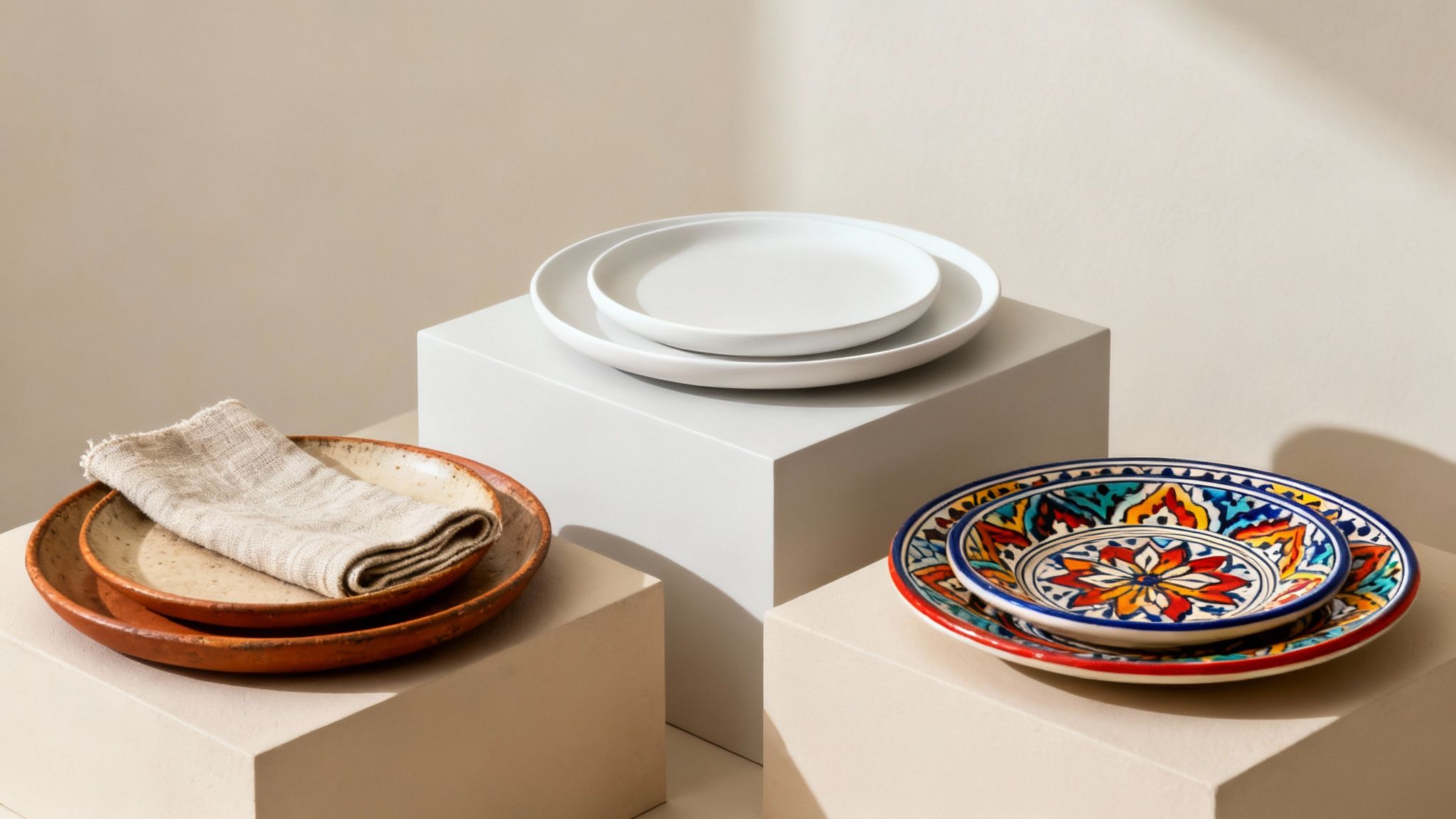 A rustic-style stoneware dinner set on a wooden table.