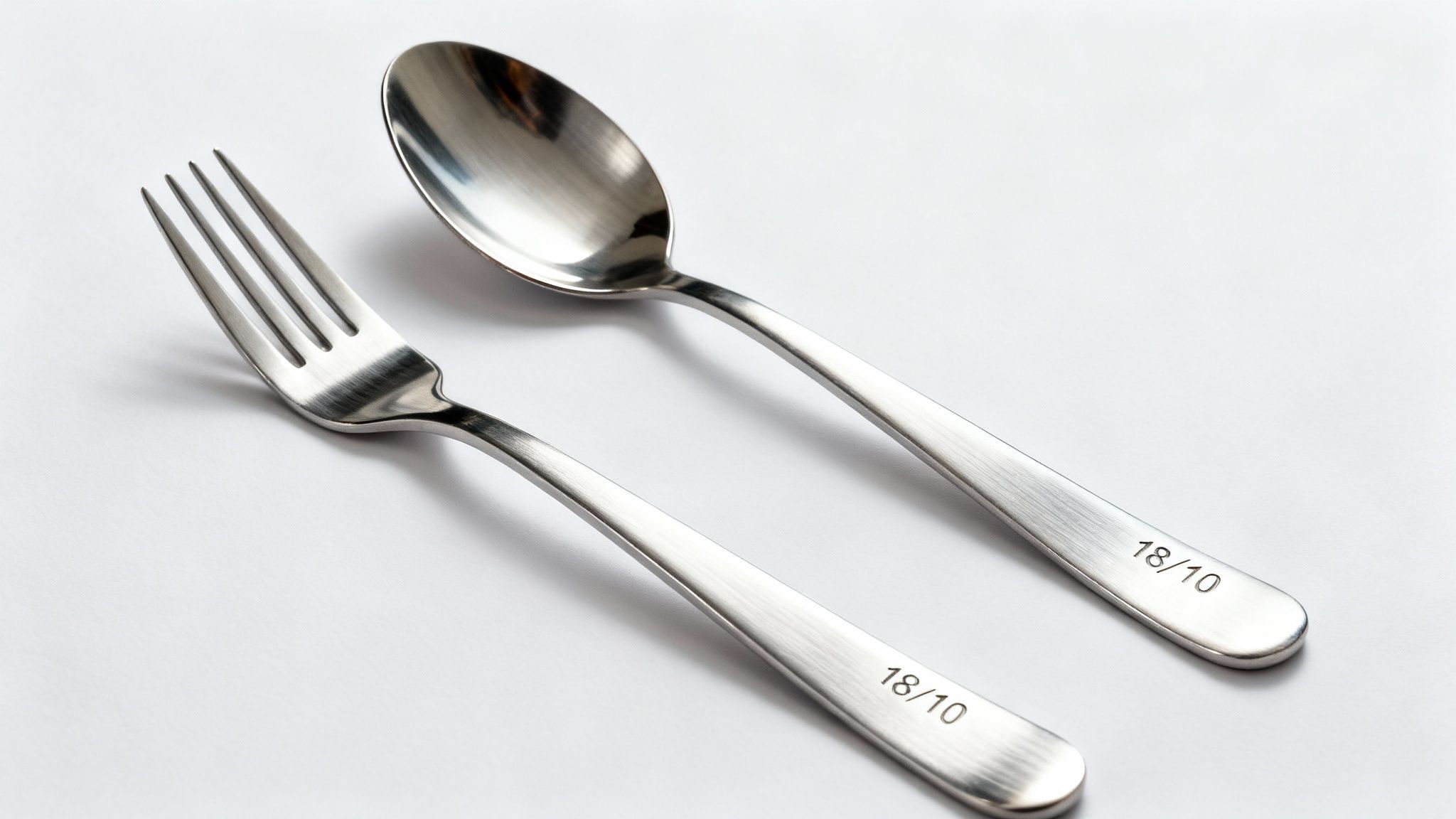 A silver fork and spoon, both with '18/10' engraved on their handles, resting on a white surface.
