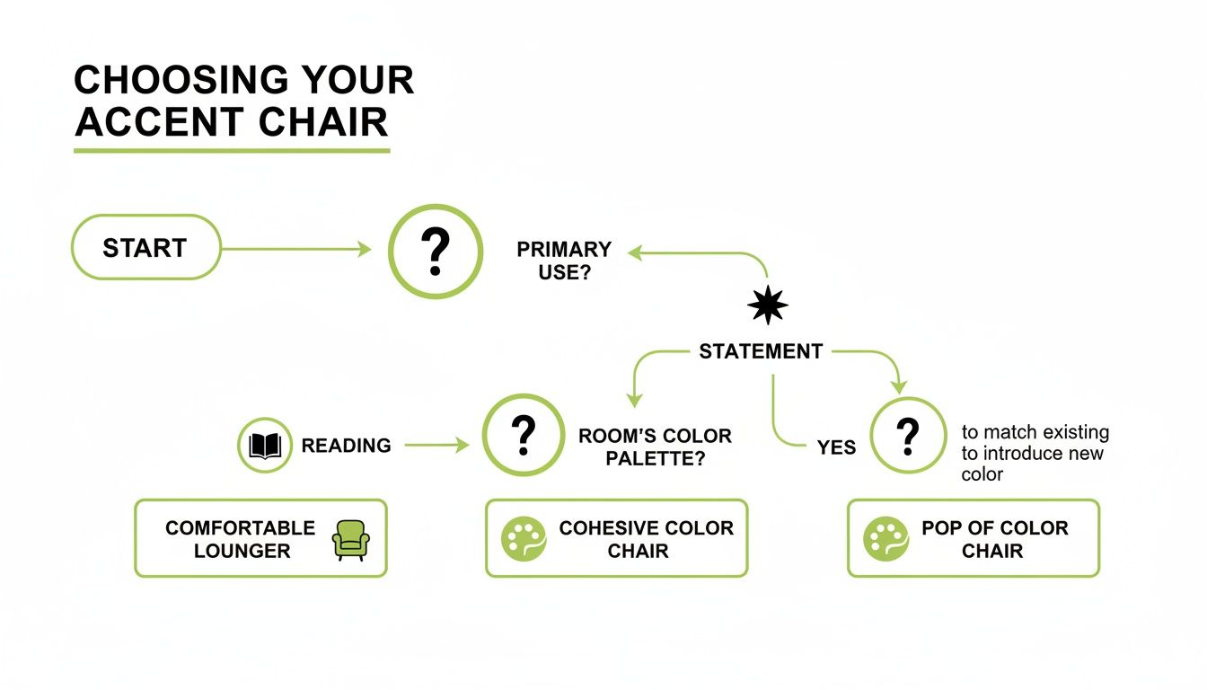 Flowchart guiding the selection of an accent chair based on its primary use and room's color palette.
