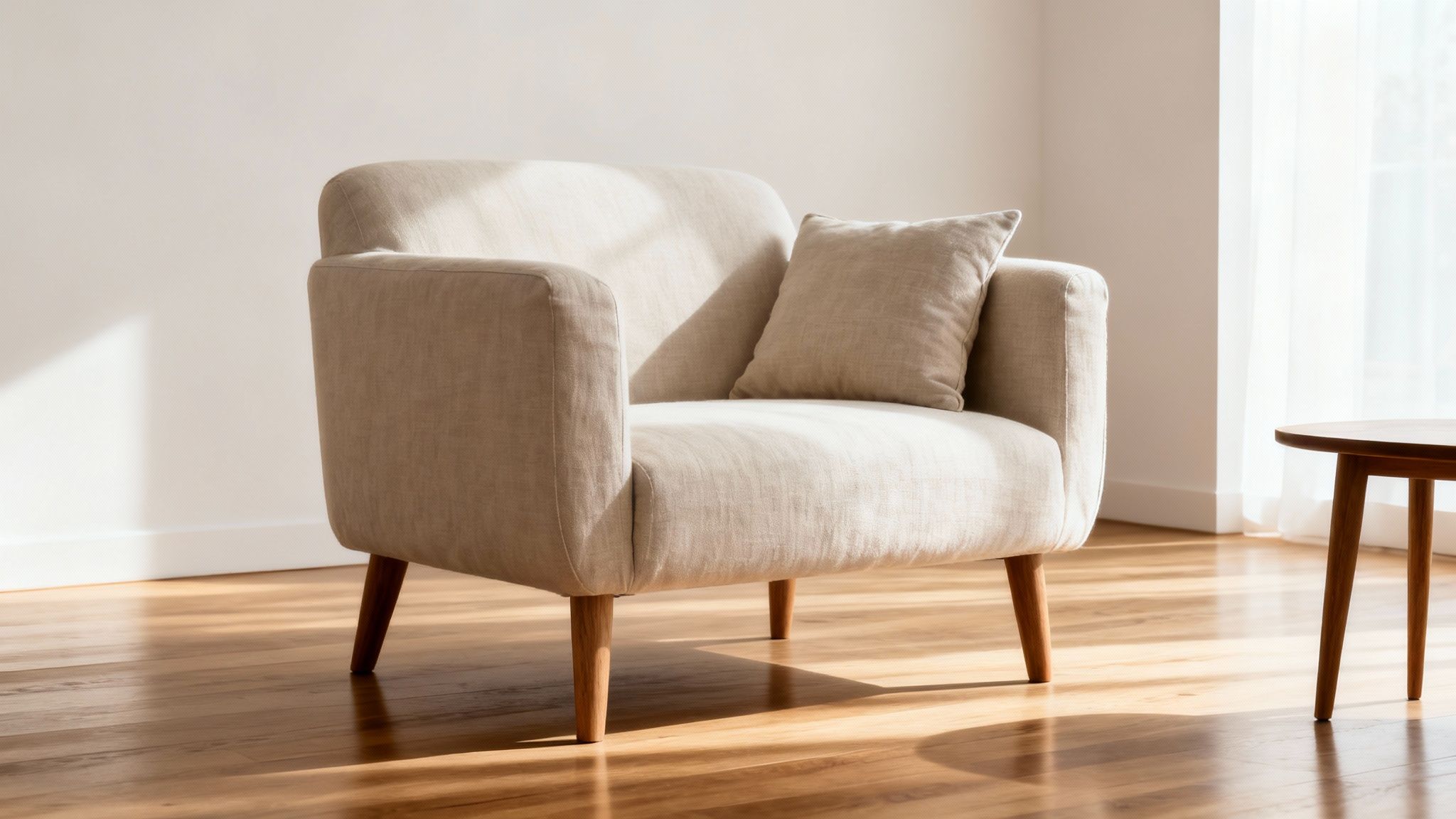 A cozy cream-colored armchair with a cushion sits on a wooden floor in a sunlit room.