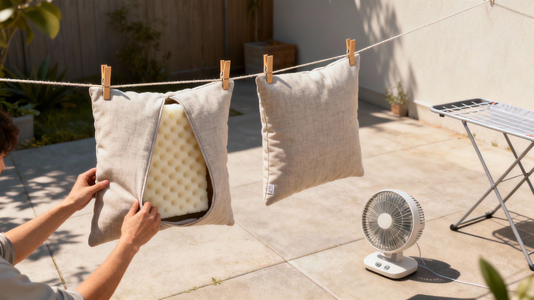 A person's hands adjusting an outdoor cushion cover drying on a clothesline in a sunny backyard.
