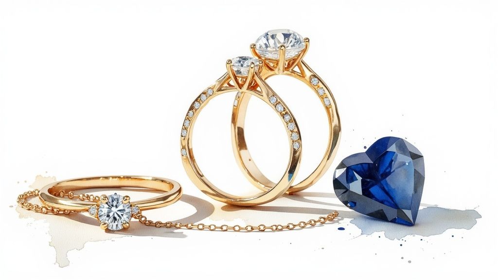 A close-up of a classic diamond solitaire ring, a signed gold bracelet, and a sapphire pendant, representing timeless jewelry investments.