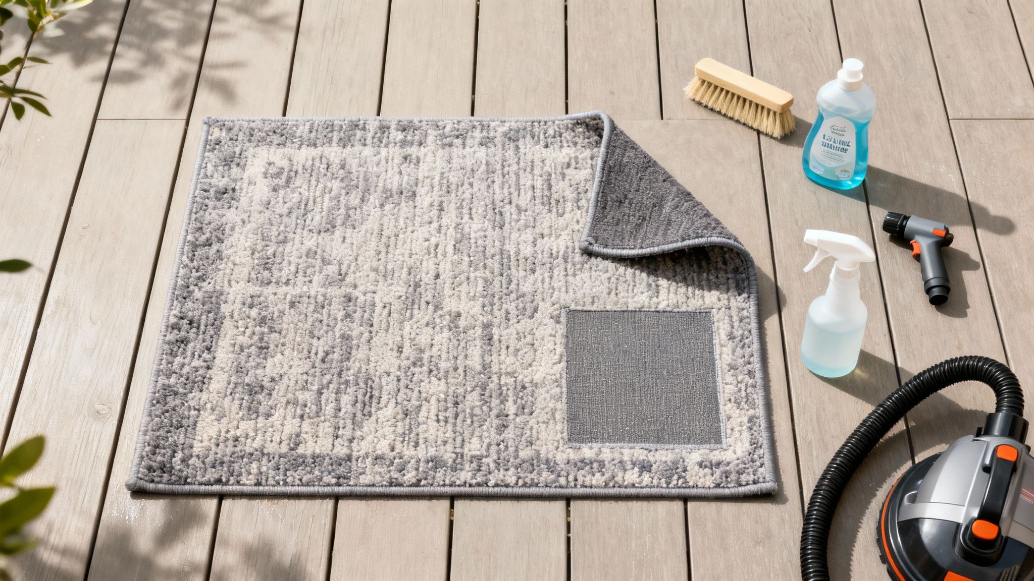 A person's hands scrubbing a colorful indoor-outdoor rug with a soft brush and soapy water.