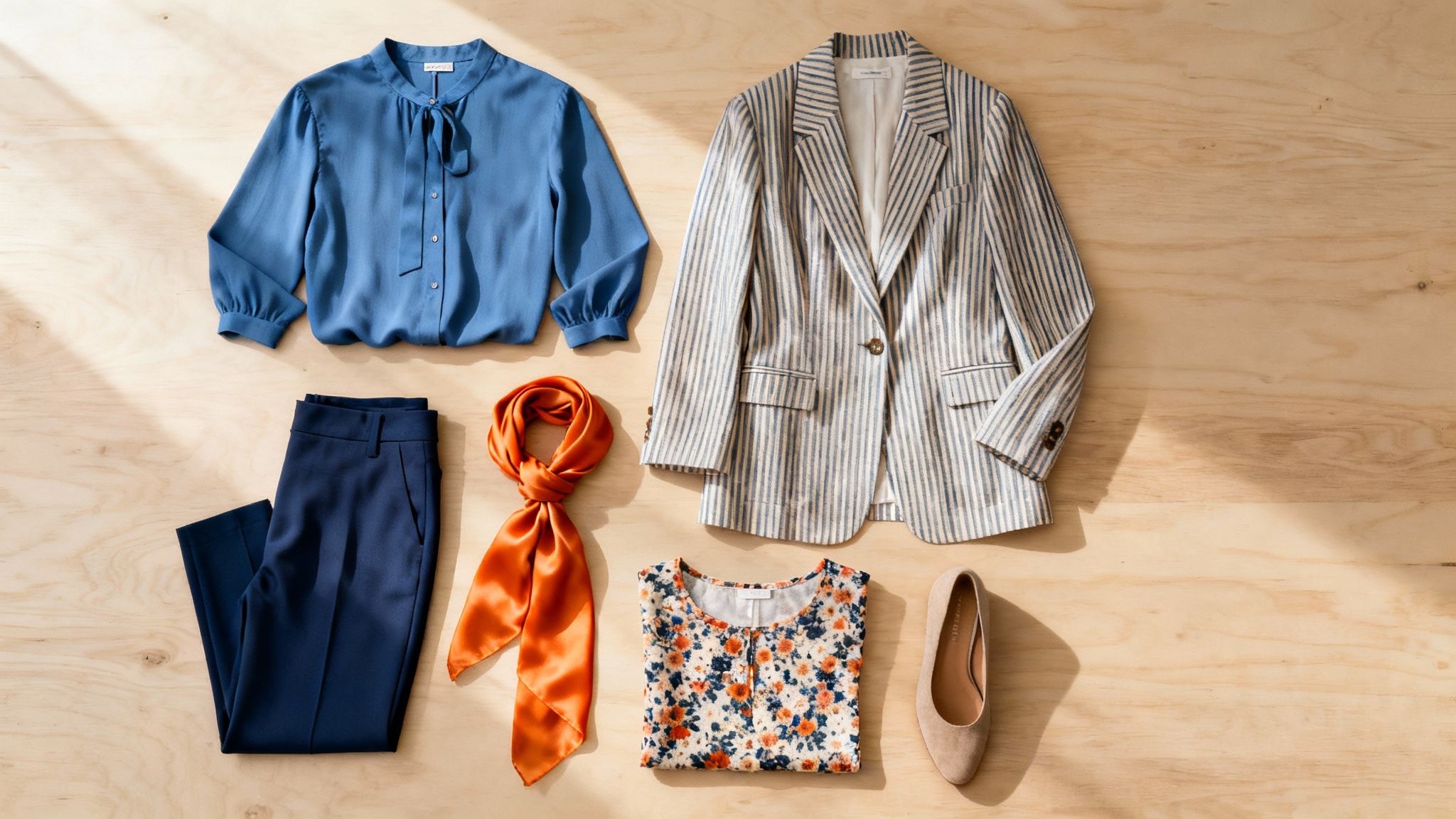 A collection of women's business casual clothing, including a blue blouse, pants, blazer, scarf, floral top, and flats.