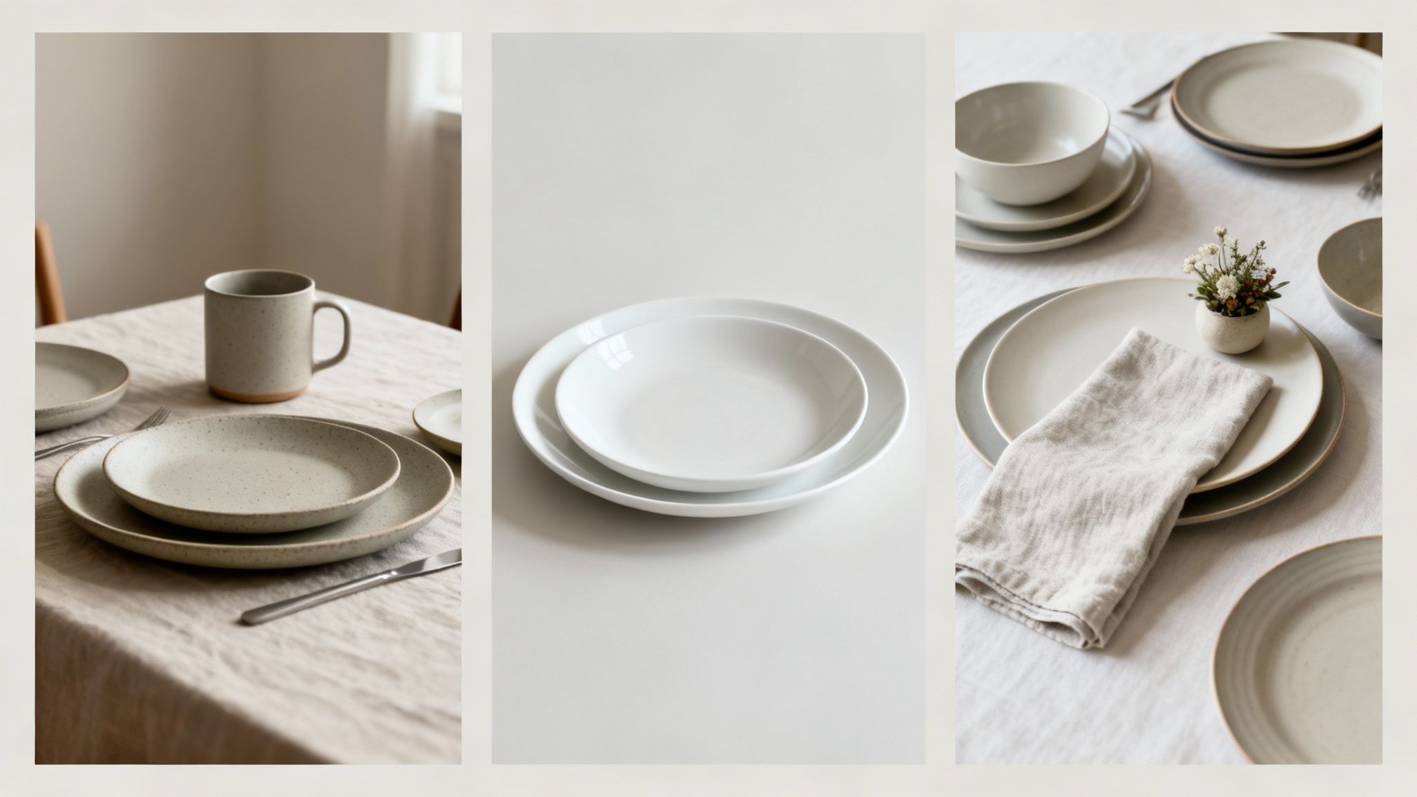 Three panels displaying various dinnerware sets: speckled stoneware, classic white plates, and an elegant neutral place setting.