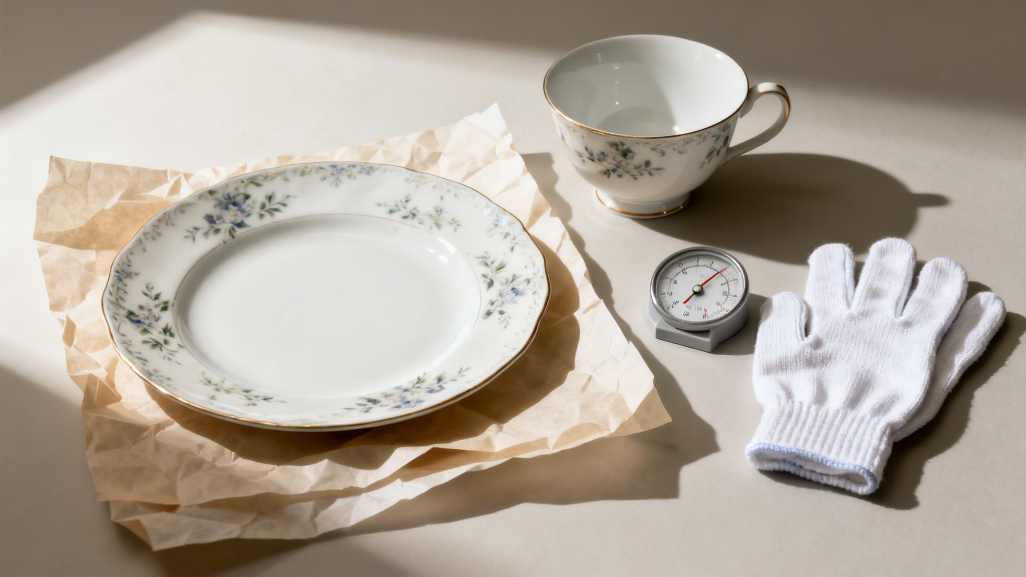 A delicate floral patterned plate, teacup, thermometer, and white glove on a light background.
