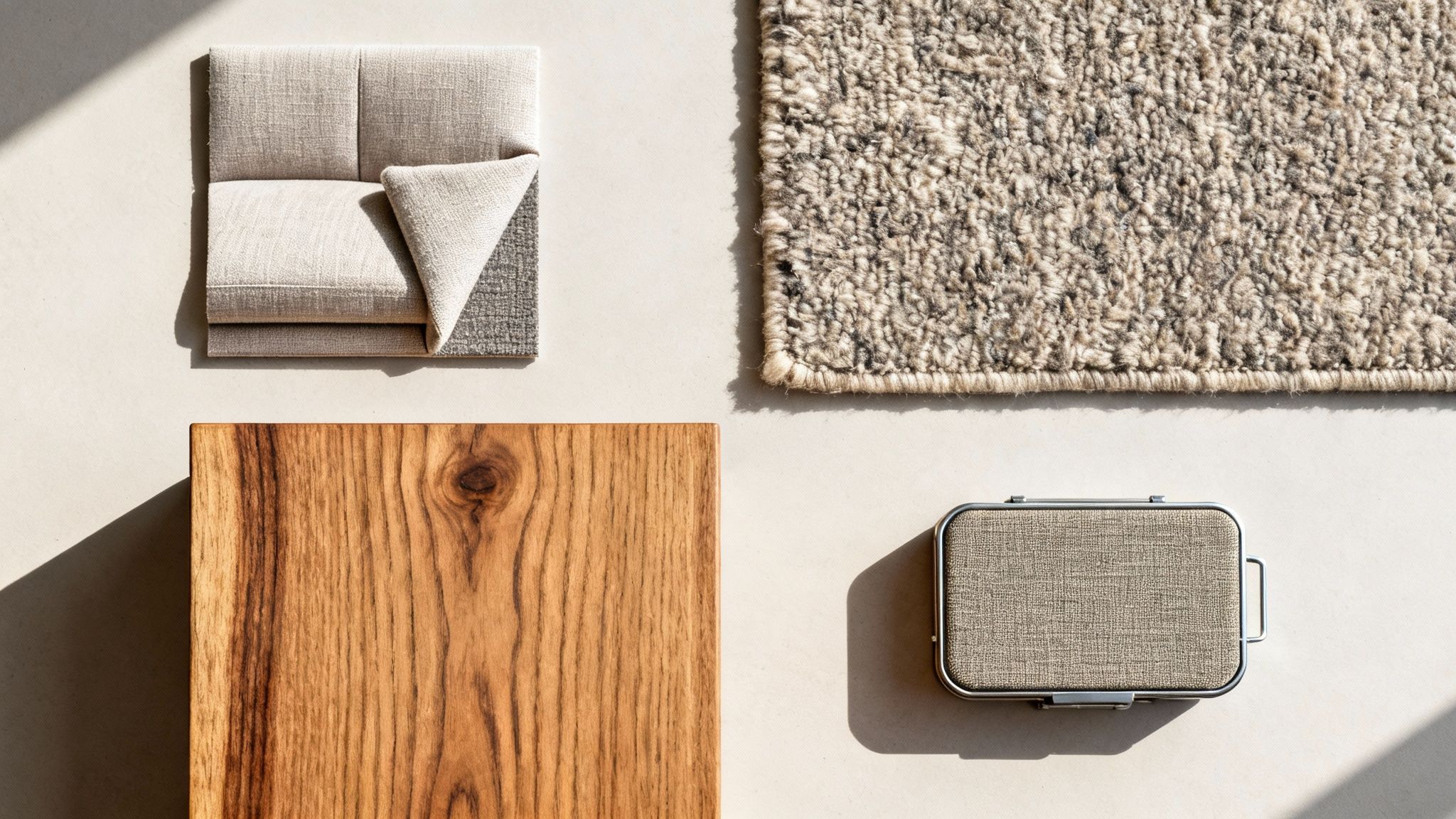 Material samples including beige fabric swatches, textured carpet, natural oak wood, and portable speaker on neutral background