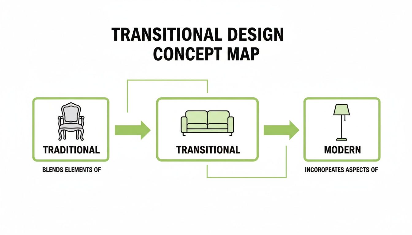 A concept map illustrating transitional design, blending traditional and modern interior styles with furniture icons.