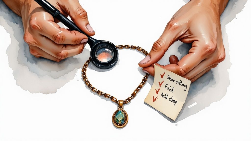 A close-up view of an artisan's hands carefully setting a gemstone into a silver ring.