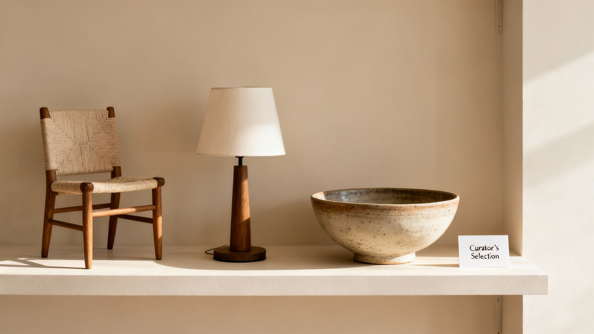 A curated display of home decor on a shelf, featuring a woven chair, a wooden lamp, and a ceramic bowl.