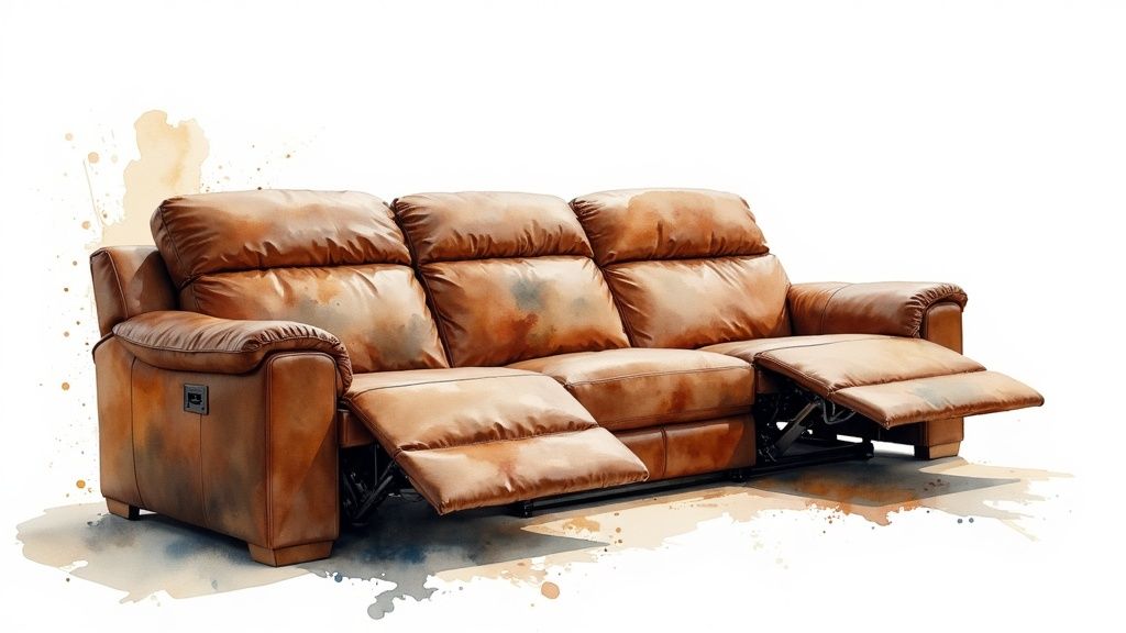 A luxurious full grain leather recliner sofa in a well-lit living room