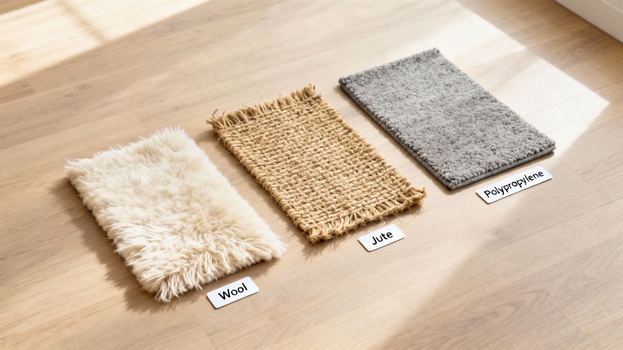 Three rug samples, wool, jute, and polypropylene, displayed on a light wooden floor with labels.