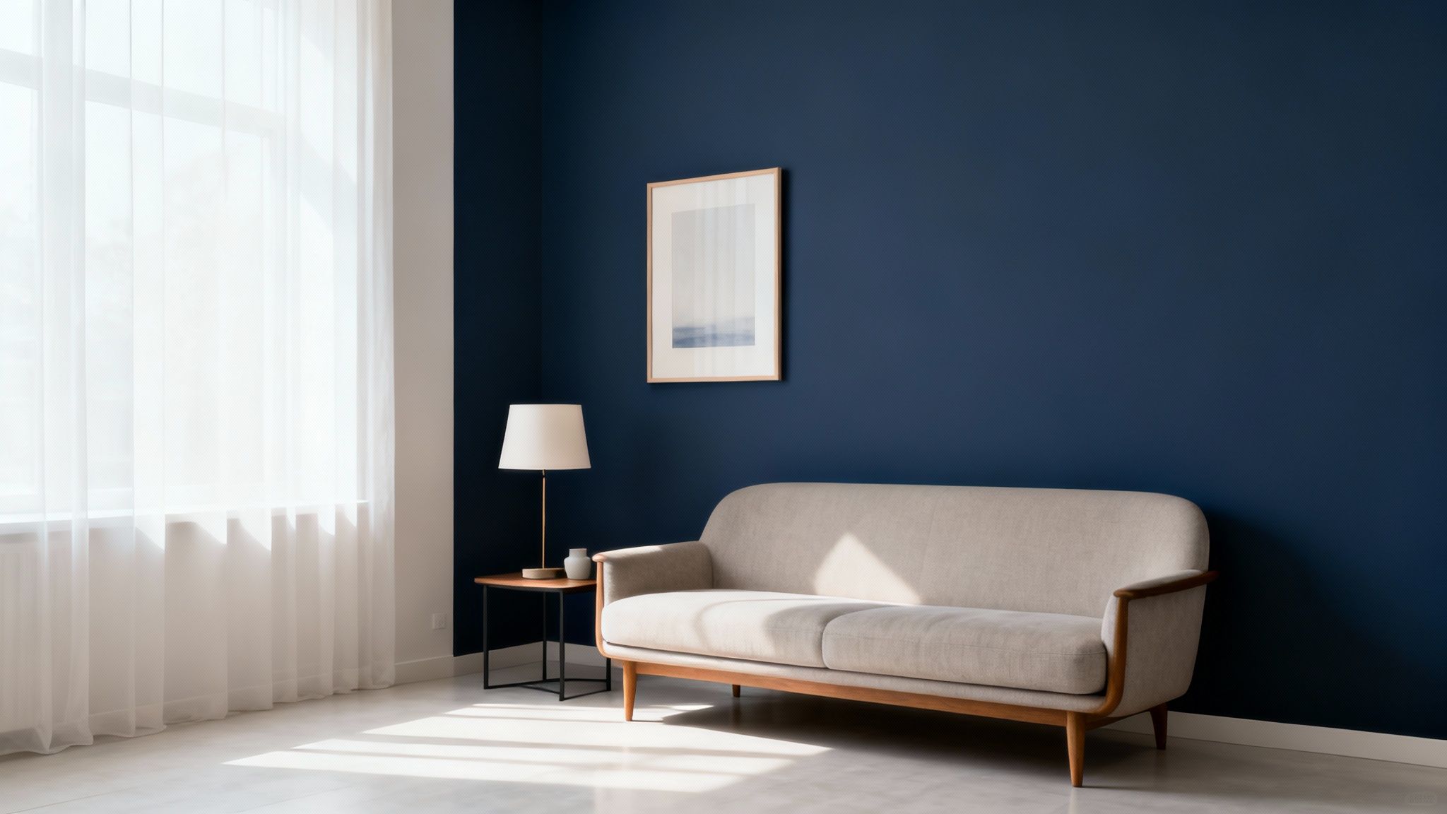 A contemporary living room with a beige sofa, navy blue wall, floor lamp, and white sheer curtains.