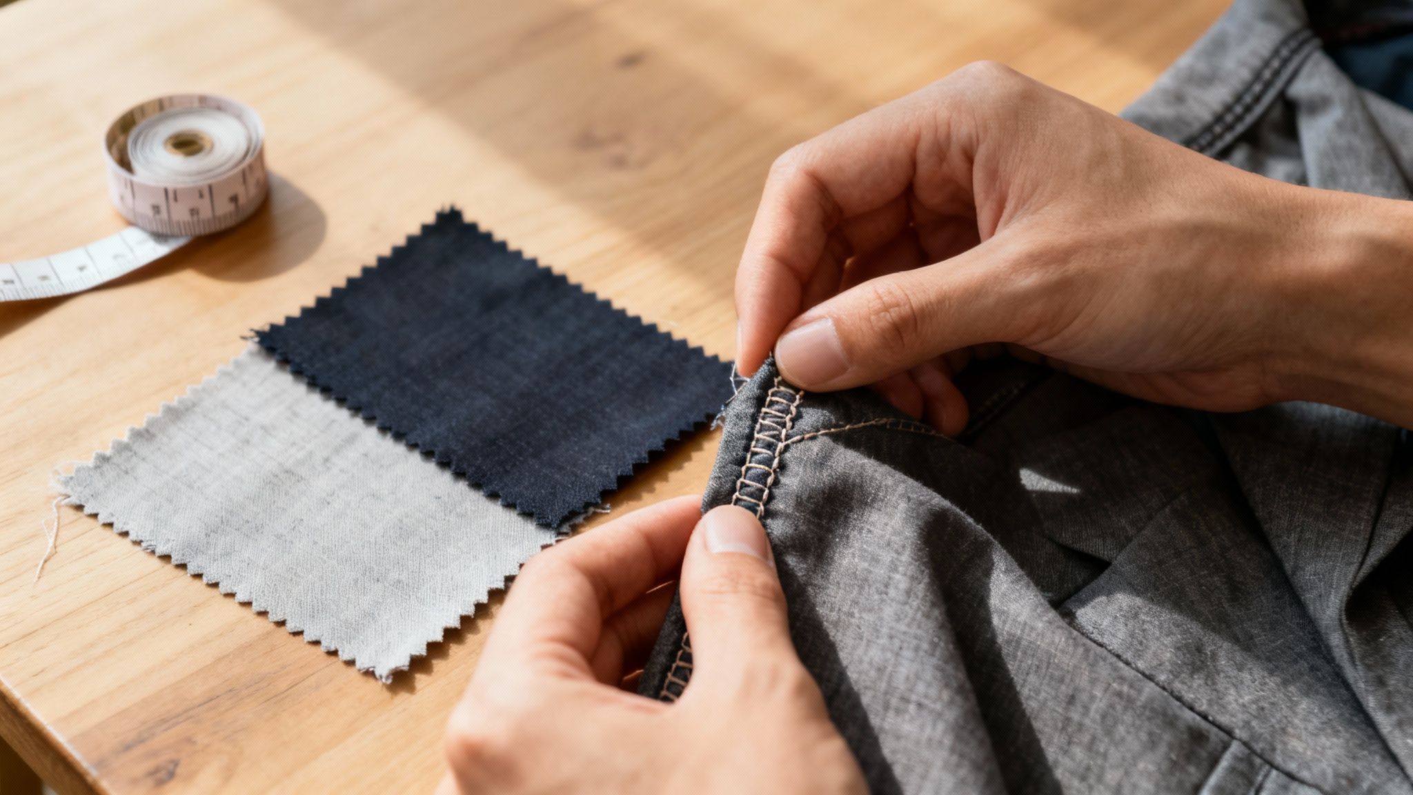 A close-up of hands tailoring gray fabric, with measuring tape and fabric swatches on a wooden table.