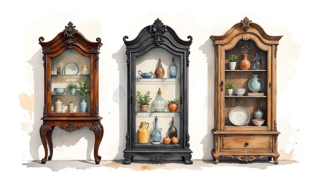 A stylish mini curio cabinet displaying a collection of small decorative items.