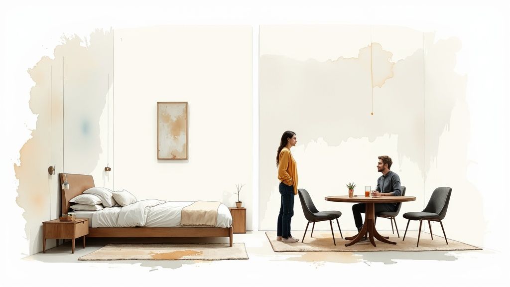 A serene bedroom with a large rug placed under the bed, extending out to create a soft landing on each side and at the foot.