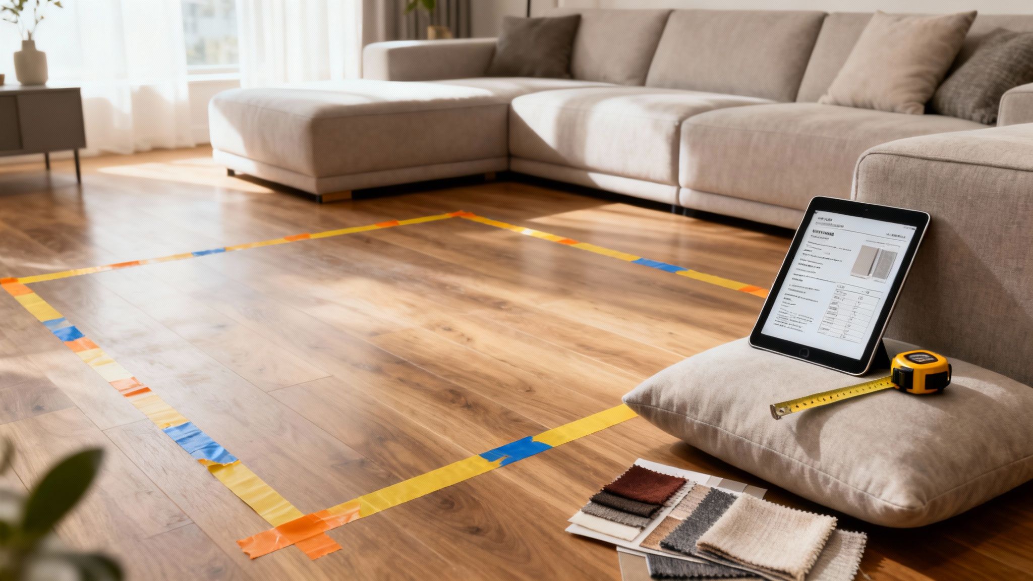 Living room with tape on floor outlining furniture, tablet with design, measuring tape, and fabric swatches.