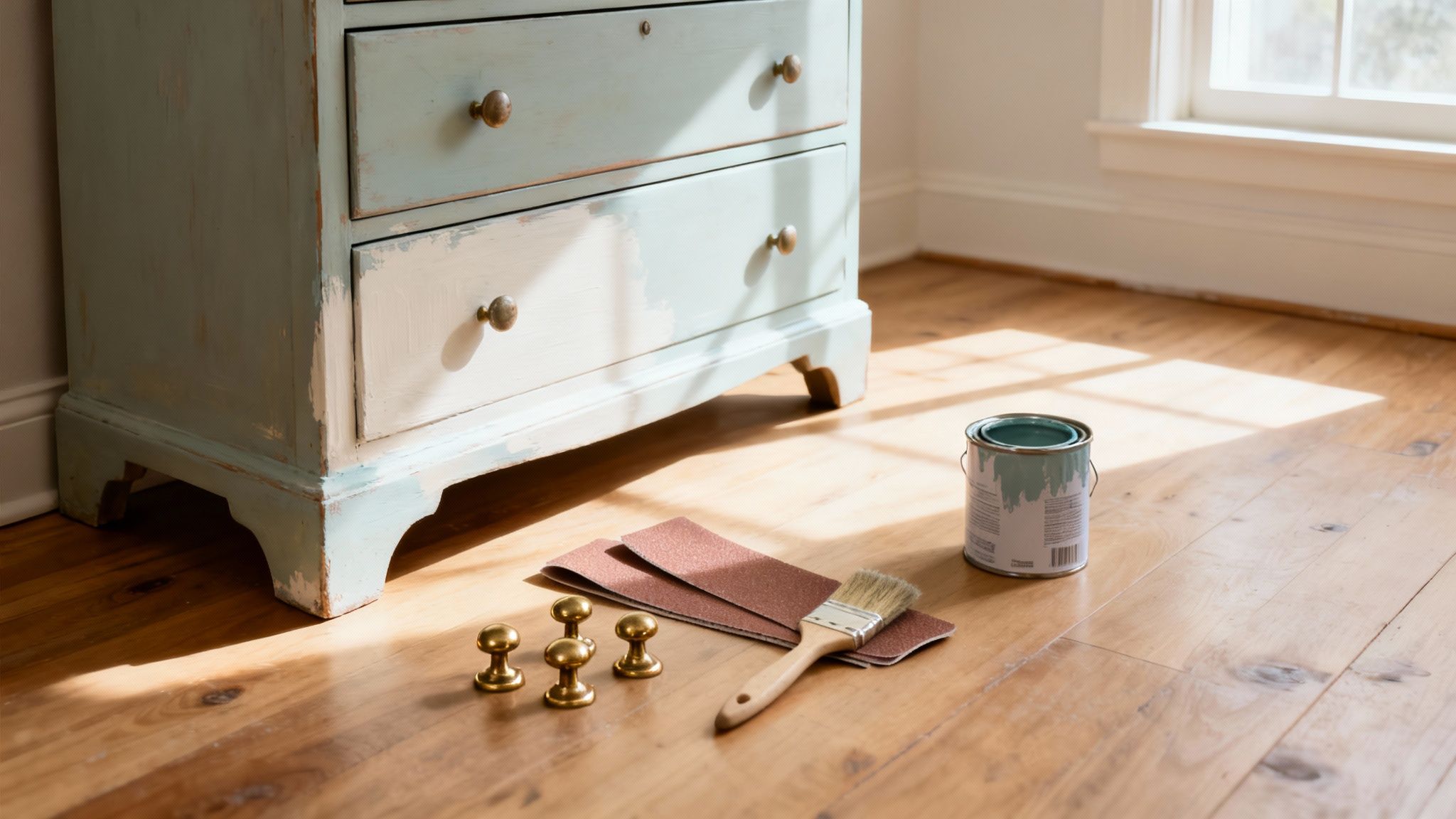 A light blue dresser being refinished, with paint, sandpaper, and knobs on a wooden floor.