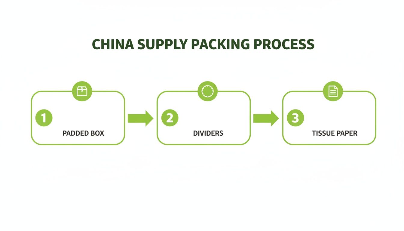 Flowchart illustrating the China supply packing process, including steps for padded box, dividers, and tissue paper.