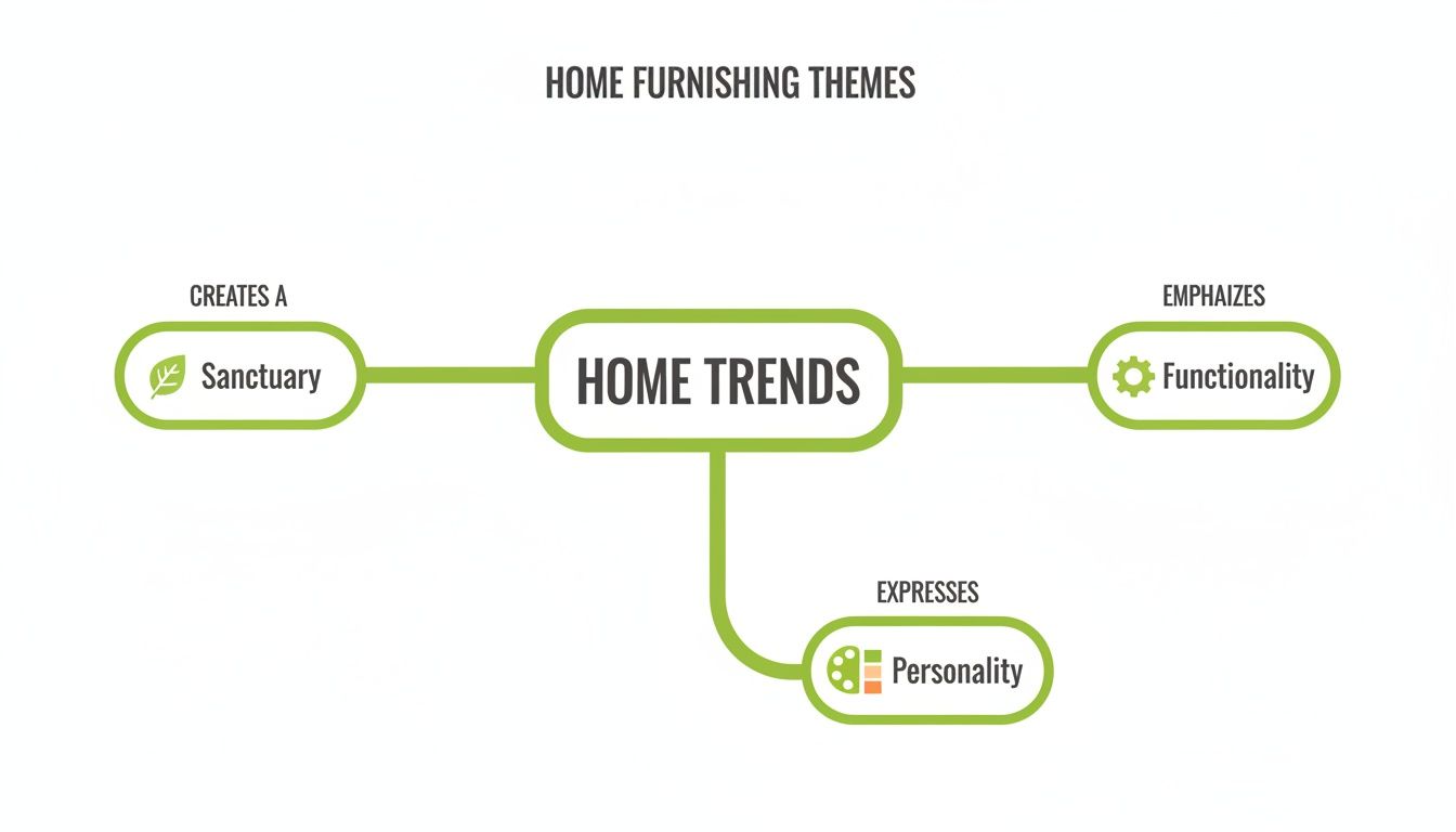 A mind map illustrating home furnishing themes, showing home trends create sanctuary, emphasize functionality, and express personality.