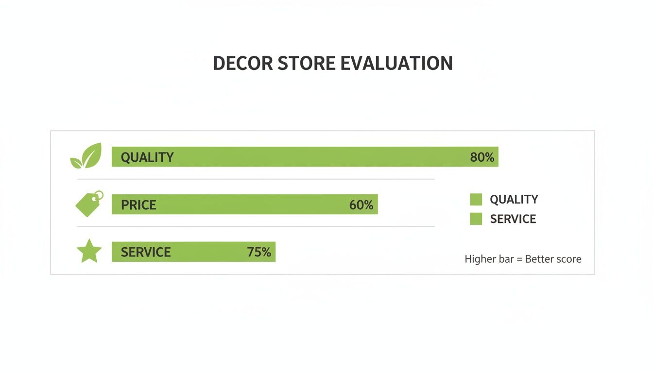 Bar chart evaluating a decor store with Quality at 80%, Price at 60%, and Service at 75%.