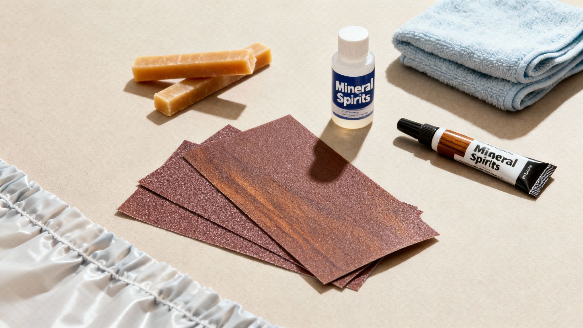 Tools and supplies for wood care including sandpaper, mineral spirits, wax, and a towel.