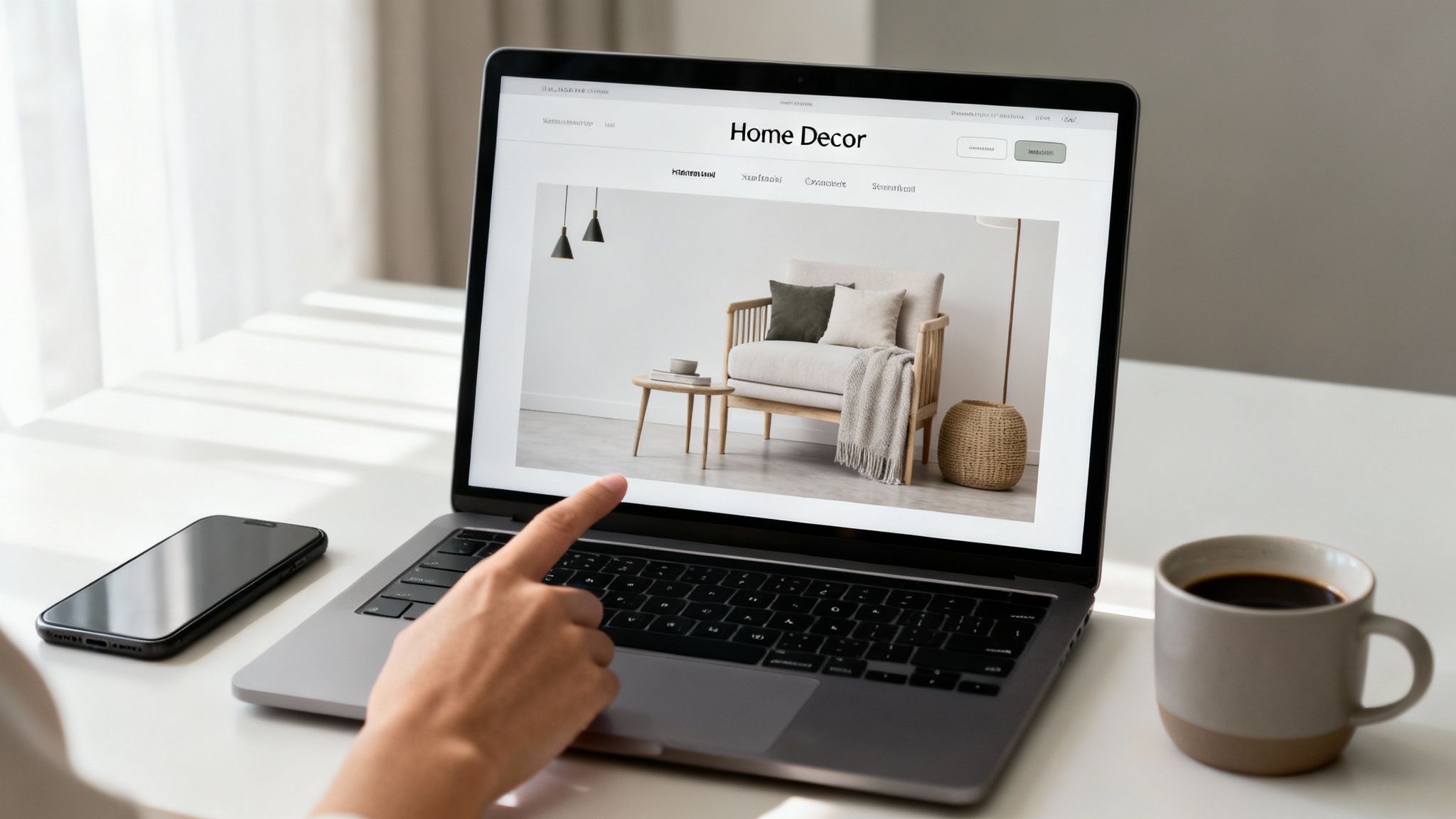 A person's hand pointing at a laptop displaying a home decor website, with a phone and coffee nearby.