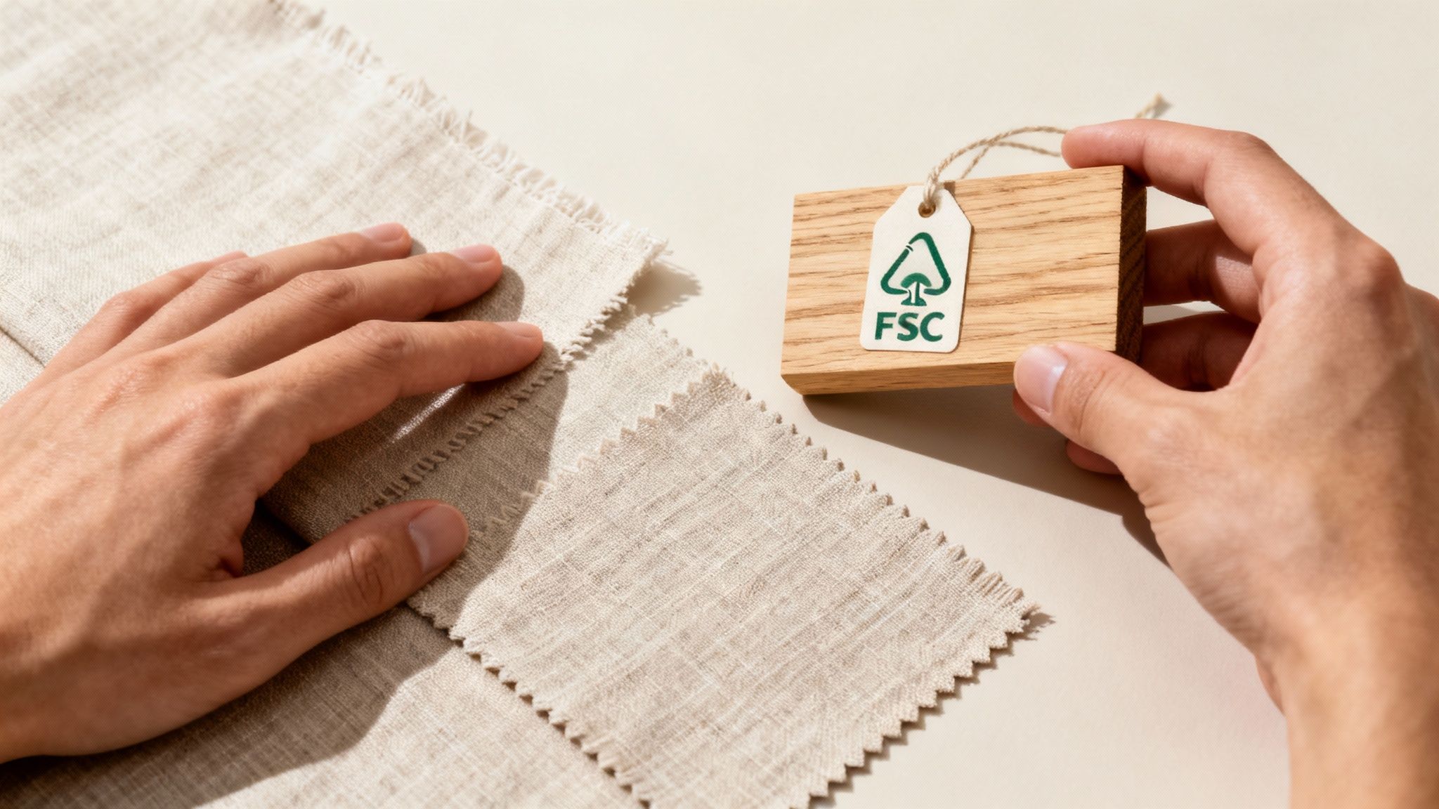 Hands inspect natural fabric swatches next to a wooden block with an FSC certified label.