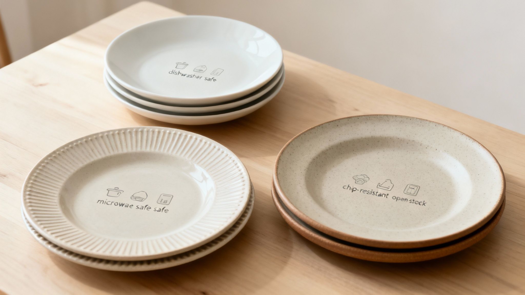Three stacks of ceramic plates with care labels displayed on wooden table showcasing dishwasher safe microwave safe features