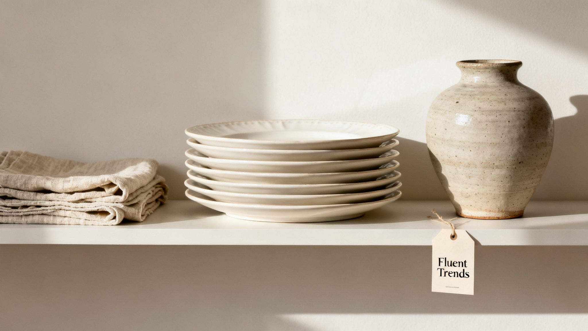 A minimalist shelf with stacked neutral ceramic plates, folded linen napkins, and an earthy textured vase.