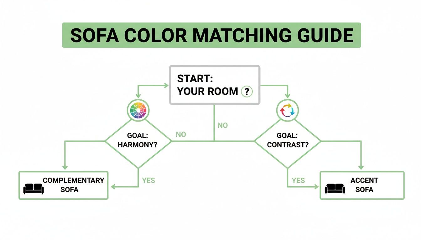 A flowchart guiding how to choose a sofa color based on room goals for harmony or contrast.