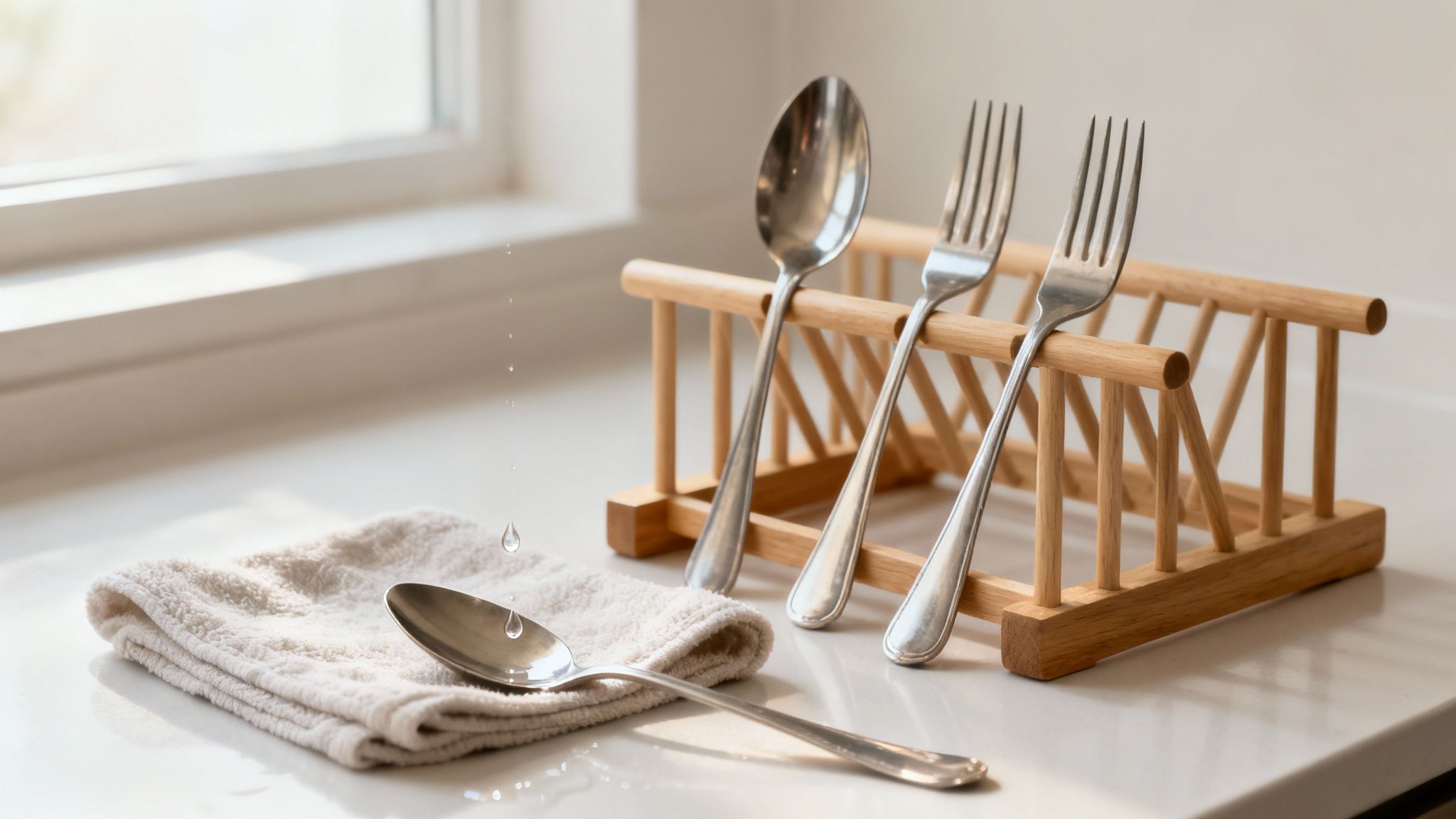 Clean silverware, including a spoon and two forks, in a wooden holder, next to a towel and a wet spoon with water droplets on a white counter.