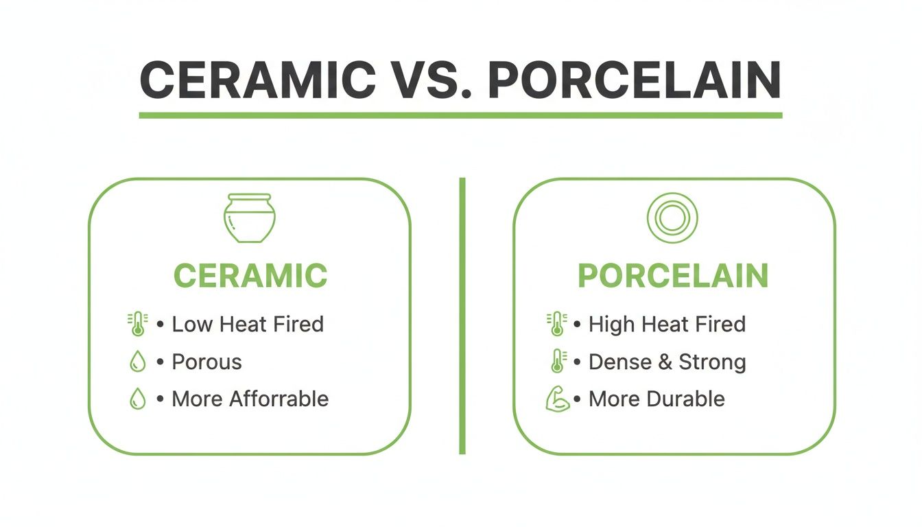An infographic comparing the key characteristics and differences between ceramic and porcelain materials.