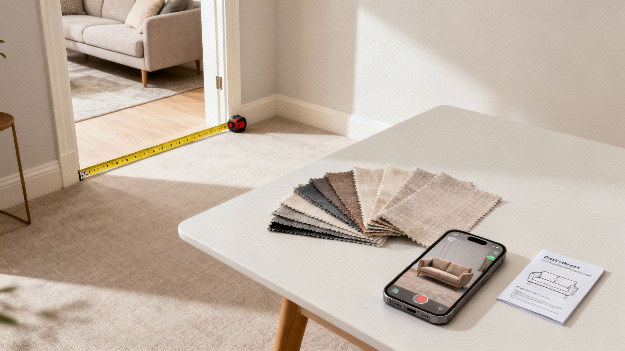 Measuring a doorway for furniture, with fabric samples and an AR app showing a virtual sofa.