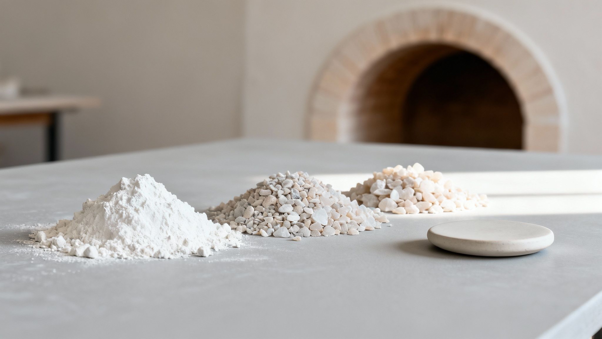 Raw materials like white powder, pebbles, and a ceramic disk laid out, with an arched oven in the background.