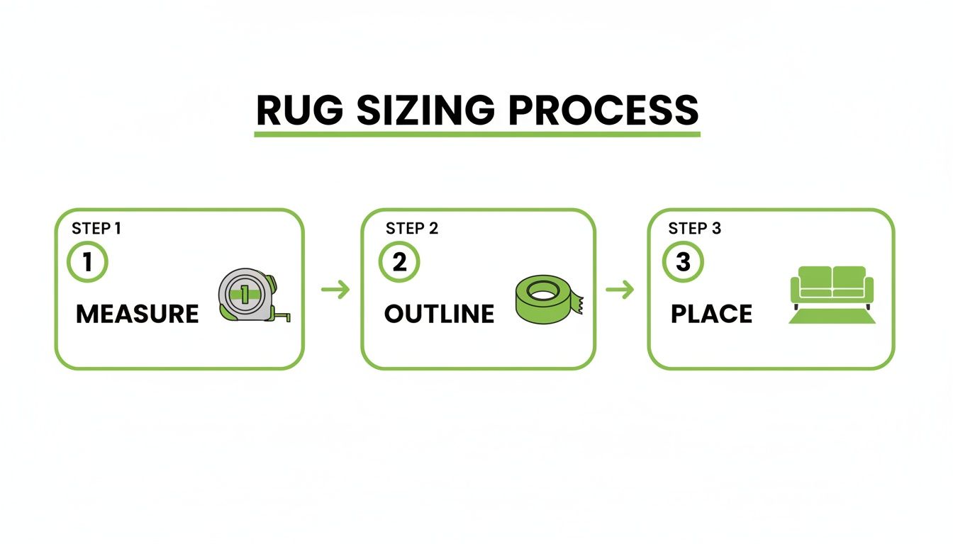 A three-step infographic showing the rug sizing process: measure, outline, and place.