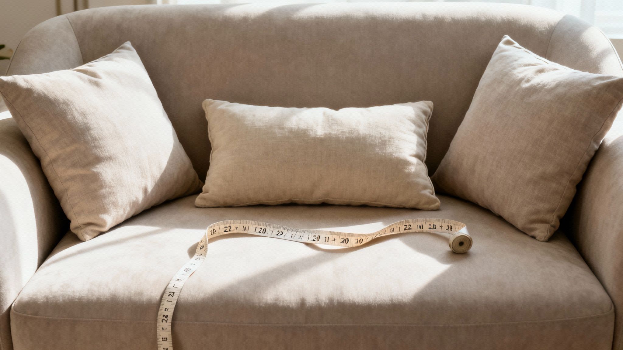 A cozy beige sofa with three linen pillows and a measuring tape in natural light.
