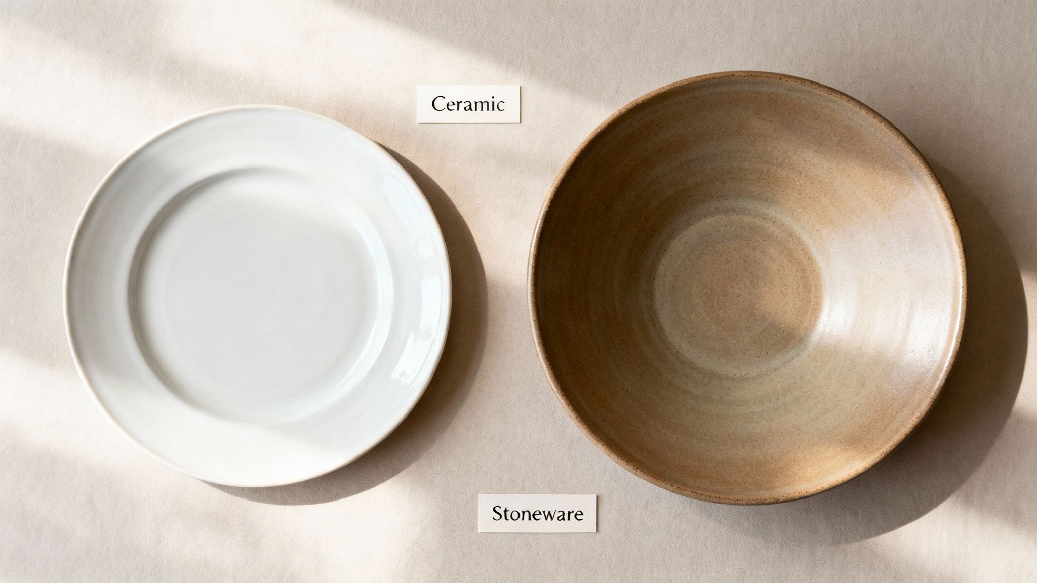 A white ceramic plate and a brown stoneware bowl displayed side by side with labels.