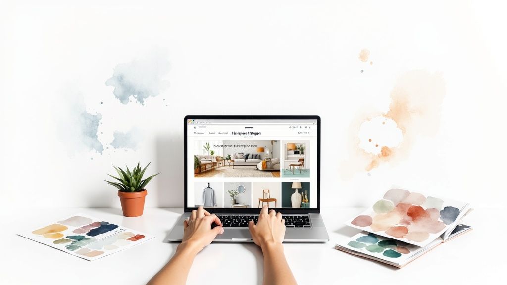 A stylishly decorated living room with modern furniture and decor items, viewed from a tablet screen.