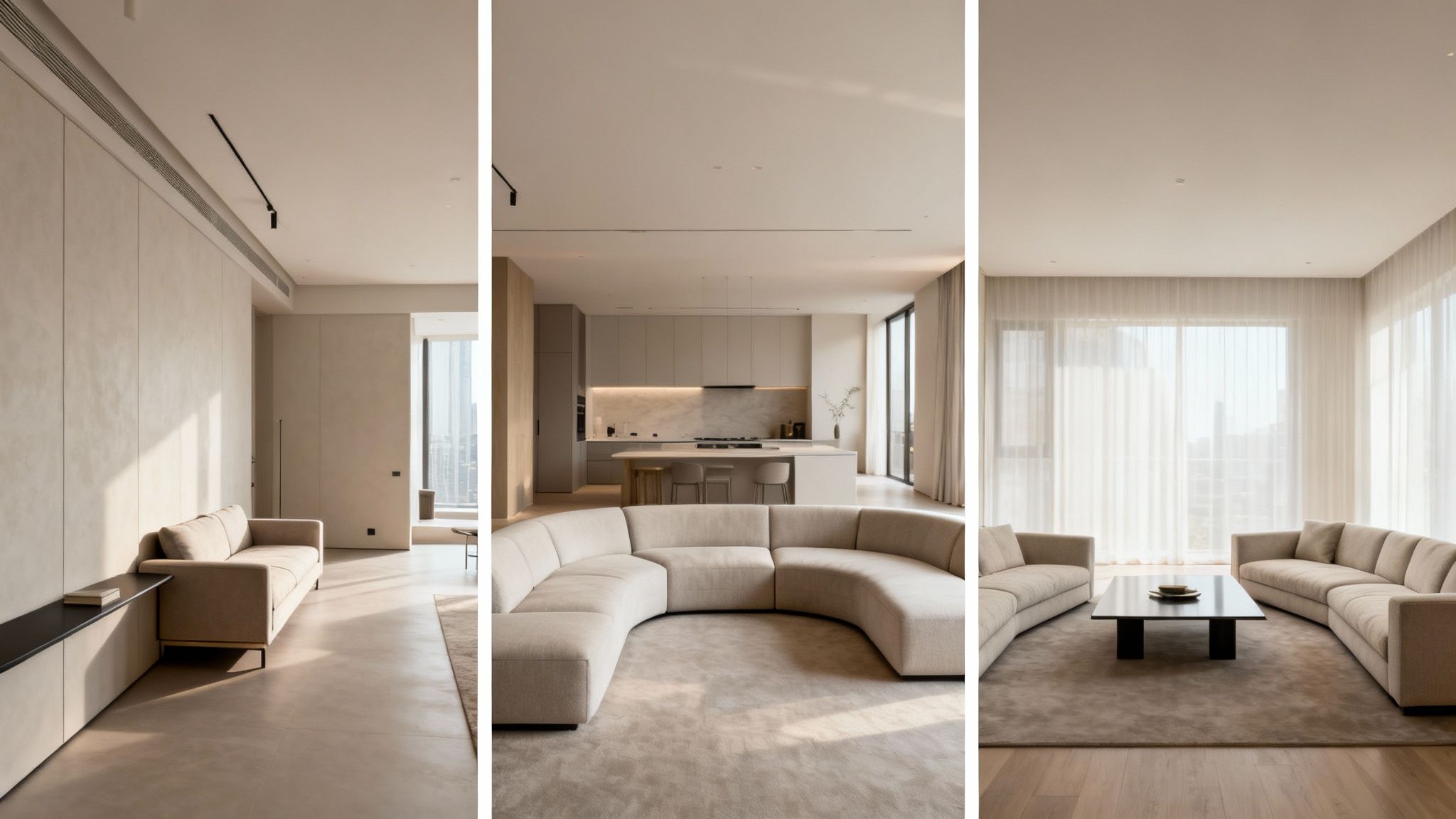 A luminous, open-concept living space curated by Fluent Trends, featuring light neutral tones and sophisticated seating that bridges the kitchen and lounge areas.