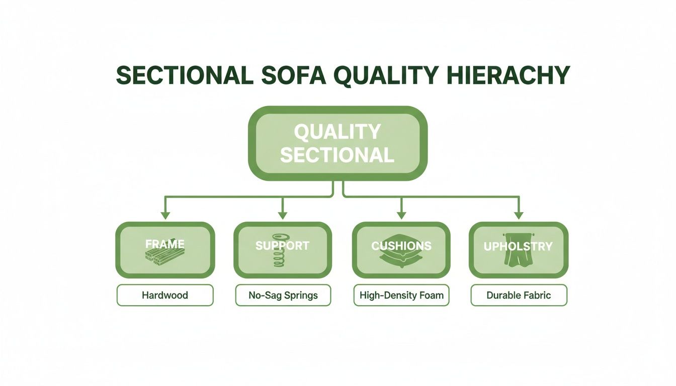 Hierarchy chart detailing key quality components of a sectional sofa, including frame, support, cushions, and upholstery.