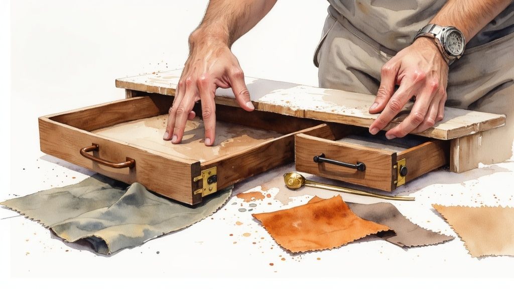 A close-up of a dovetail joint on a wooden drawer, showcasing traditional craftsmanship.