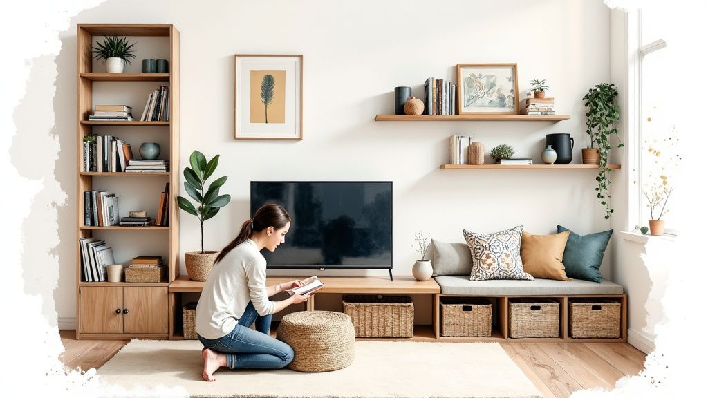 A stylish living room with a tall, narrow bookcase and floating shelves, demonstrating vertical storage.