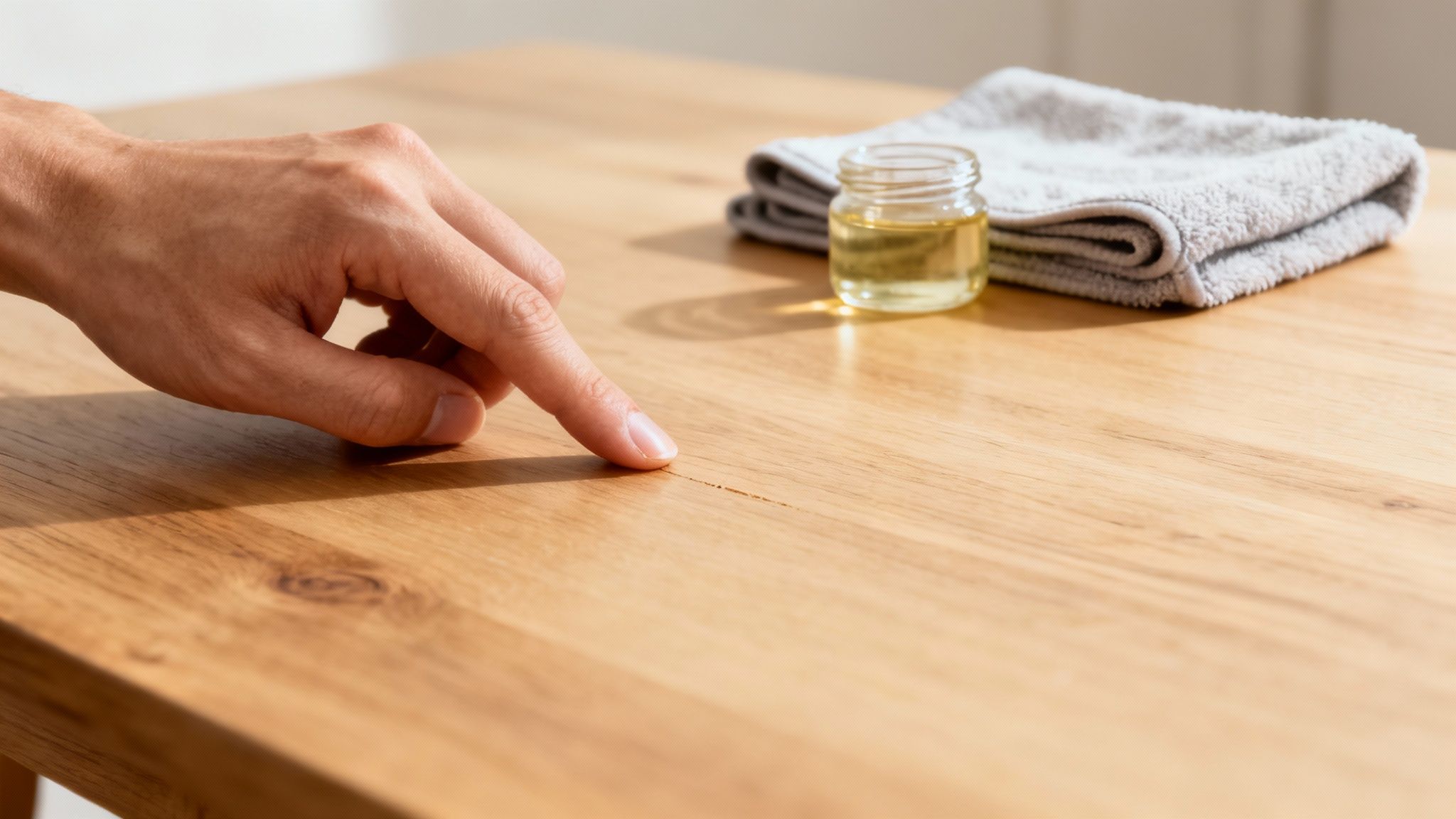A hand points to a scratch on a light wood table, with wood oil and a cloth nearby.