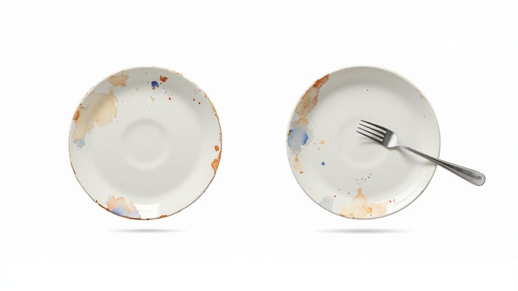 A stoneware plate with a fork and knife, illustrating its resistance to scratches from cutlery.