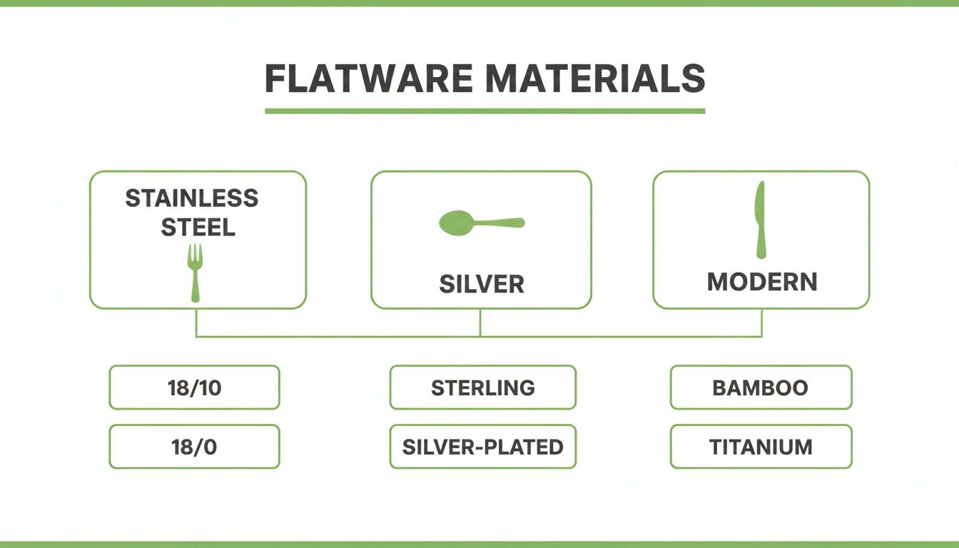 A diagram showing different flatware materials: stainless steel (18/10, 18/0), silver (sterling, silver-plated), and modern (bamboo, titanium).