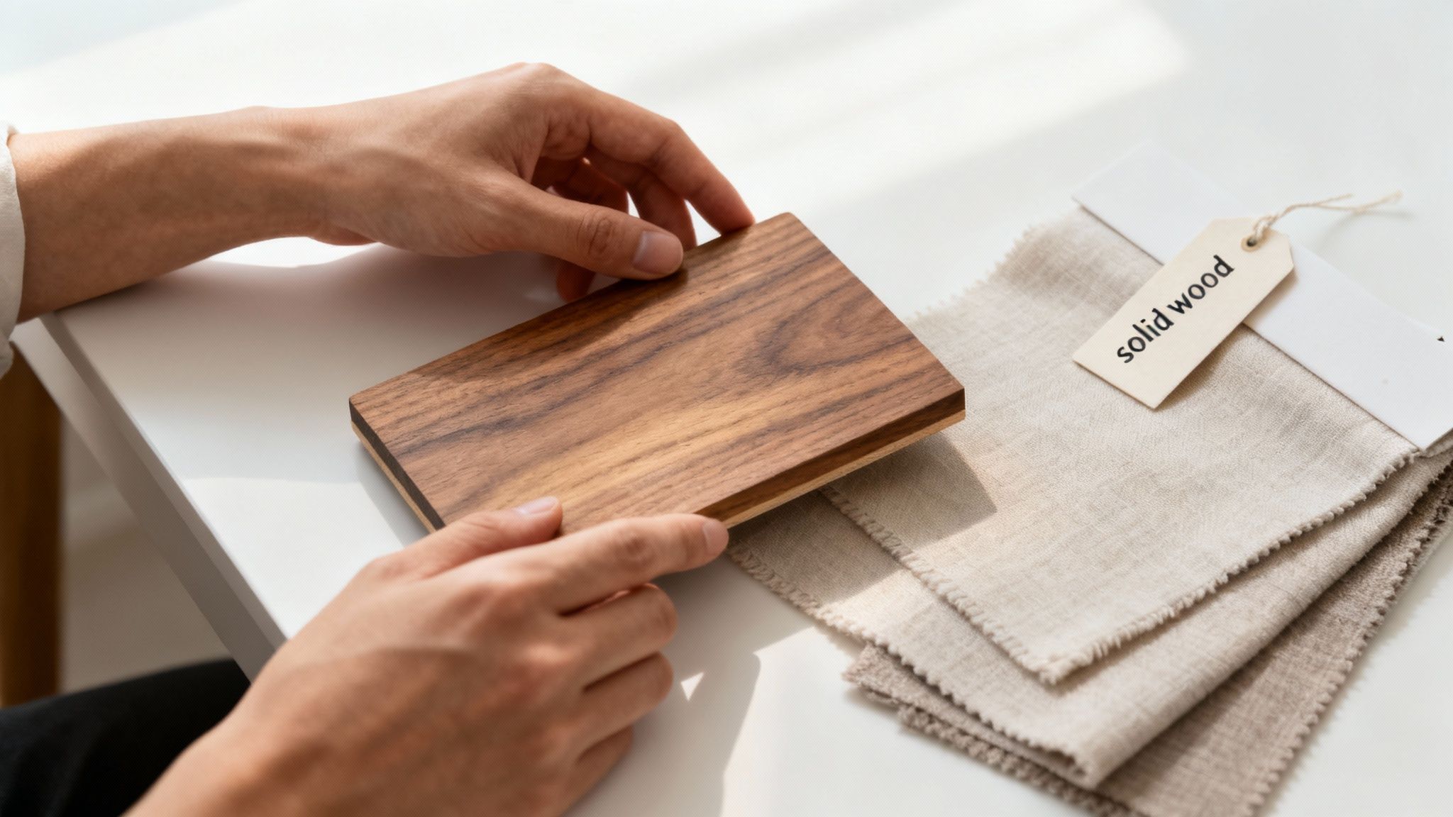 Hands compare a solid wood sample with neutral fabric swatches for home decor selection.