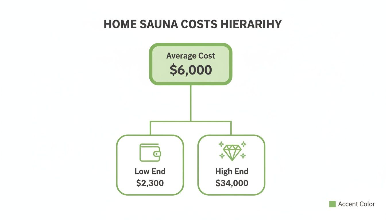 Hierarchy chart illustrating home sauna costs: average $6,000, low end $2,300, high end $34,000.